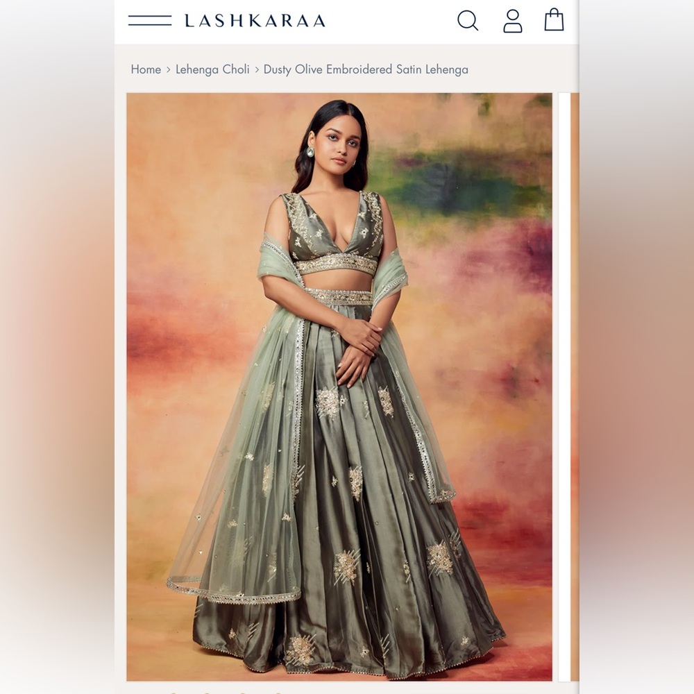 Lashkaraa Dusty Olive Embroidered Satin Lehenga